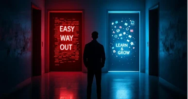 Person standing between two doors labeled easy way out and learn and grow, symbolizing a choice in learning paths