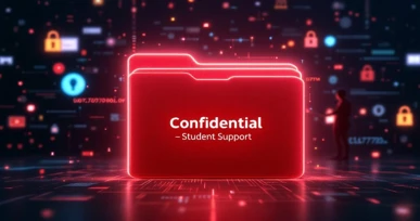 Digital folder labeled confidential student support with security icons and data protection visuals.