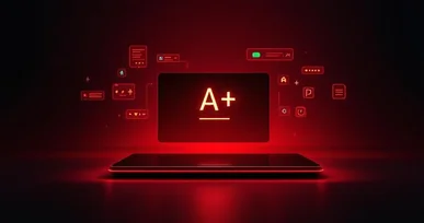 Laptop screen displaying an A plus grade with digital academic icons in a glowing red background.
