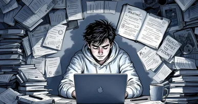 Student working on a laptop surrounded by piles of papers and books while studying late.