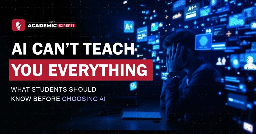 Student sitting at a laptop surrounded by digital AI screens with text about AI not being able to teach everything.