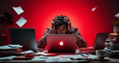 Stressed student sitting at a desk with multiple laptops and papers scattered around while working late