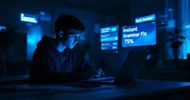 Student working on a laptop at night with digital screens showing instant grammar correction and writing assistance.