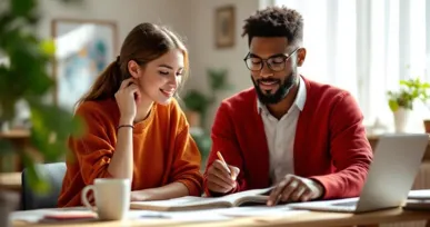 Two students studying together while reviewing notes and discussing work beside a laptop