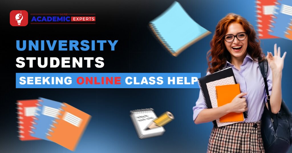 University student holding books and smiling next to text about seeking online class help.