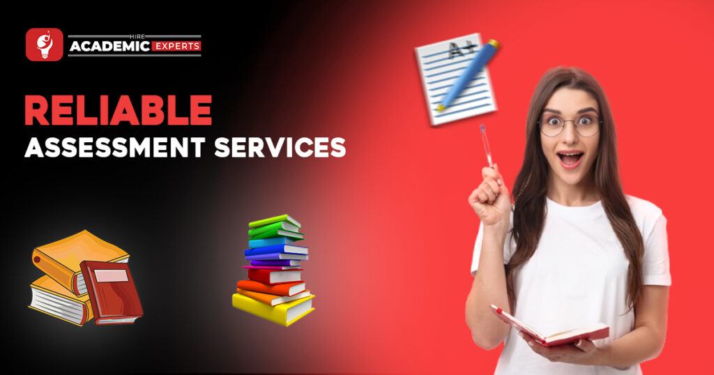 The image shows a smiling woman holding a notebook and pointing with a pen, with "RELIABLE ASSESSMENT SERVICES" text and books in the background.