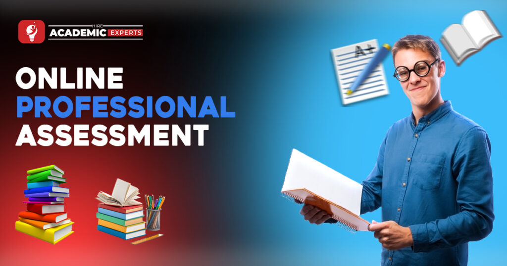 The image shows a smiling young man holding a book, with the text "ONLINE PROFESSIONAL ASSESSMENT" and books in the background