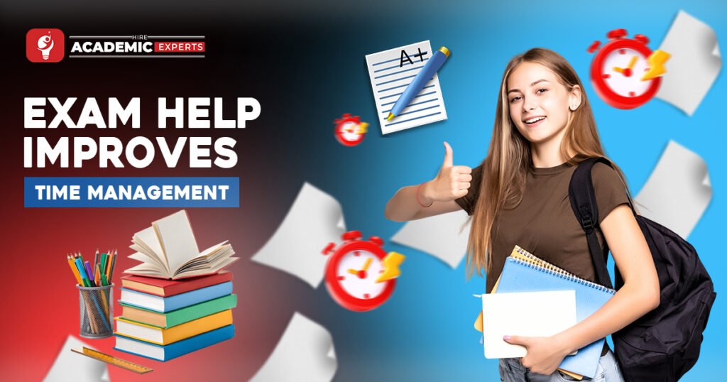 "A smiling student holding books and a notebook, promoting exam help and time management with colorful graphics and academic symbols like A+ and clocks."