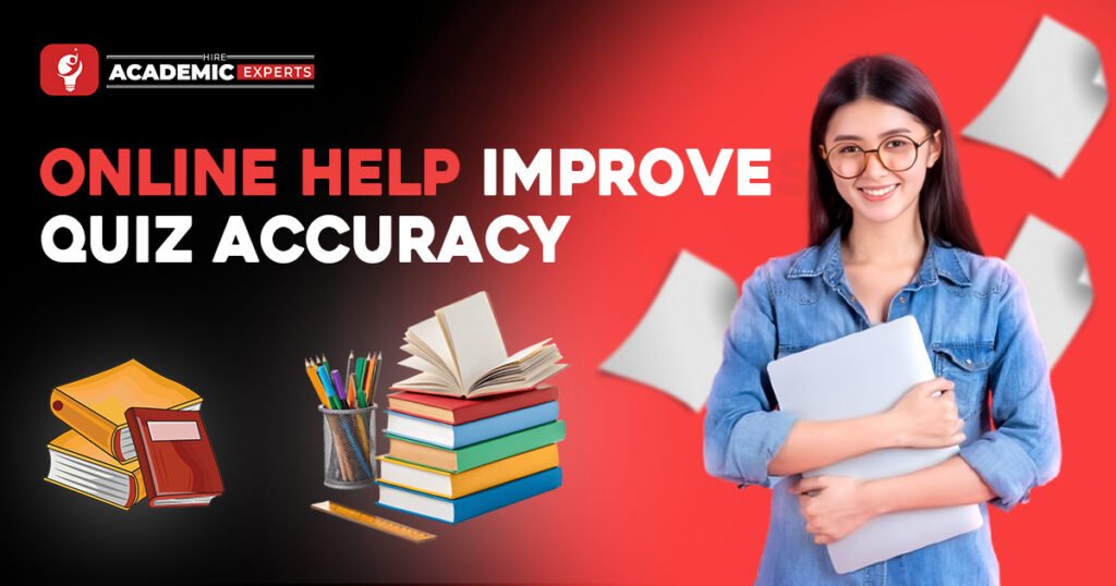 "A confident student holding a notebook, promoting online help to improve quiz accuracy, with colorful academic symbols and books in the background."