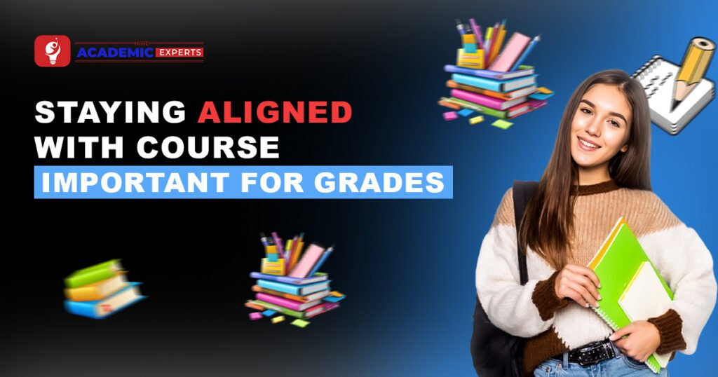 Smiling student holding notebooks beside text about staying aligned with a course to achieve better grades.
