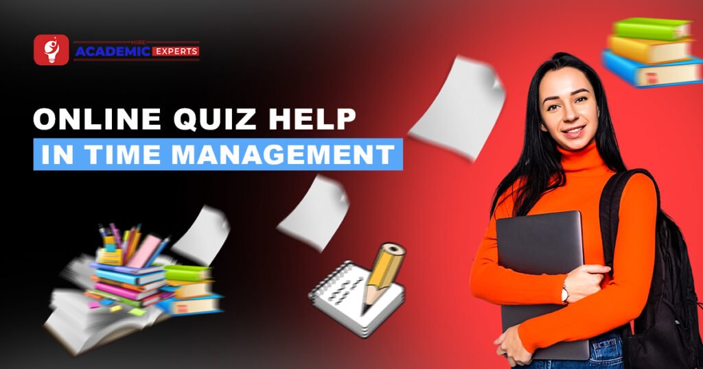 Student holding a laptop with books and papers flying around, promoting online quiz help in time management by Academic Writers.